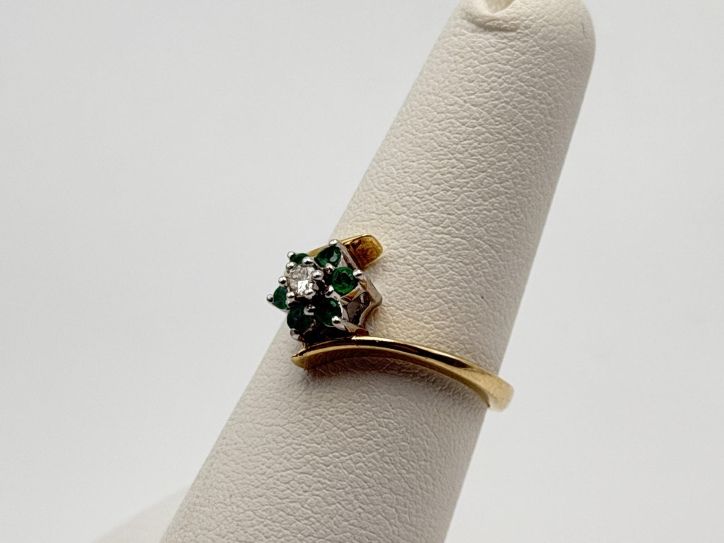 14k Yellow Gold Diamond and Green Emerald Flower Ring Dainty Flower Band
