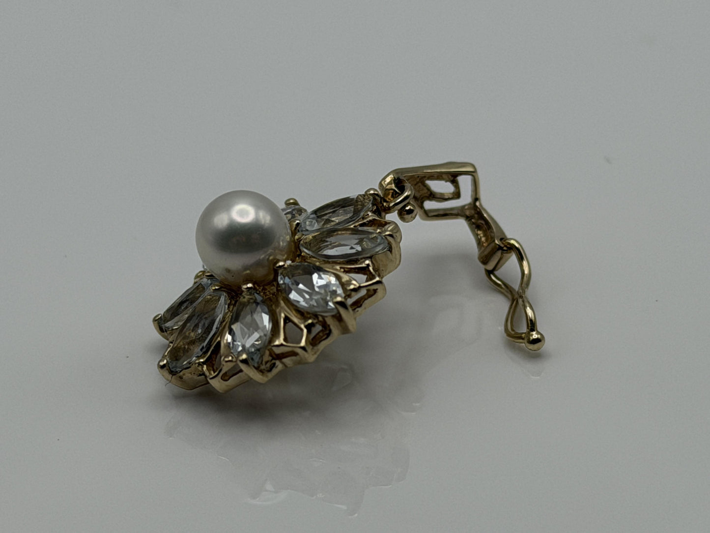 14K Gold Pearl & Aquamarine Pendant Vintage Floral Cluster Design