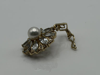 14K Gold Pearl & Aquamarine Pendant Vintage Floral Cluster Design