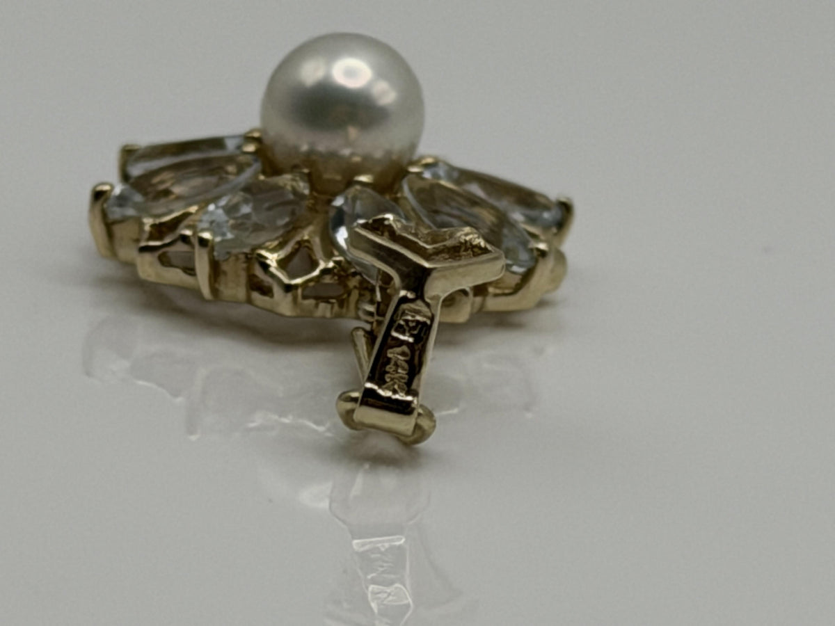 14K Gold Pearl & Aquamarine Pendant Vintage Floral Cluster Design