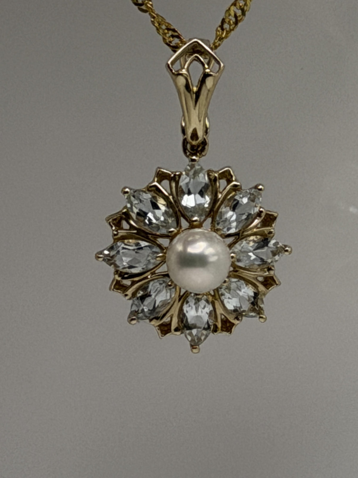14K Gold Pearl & Aquamarine Pendant Vintage Floral Cluster Design