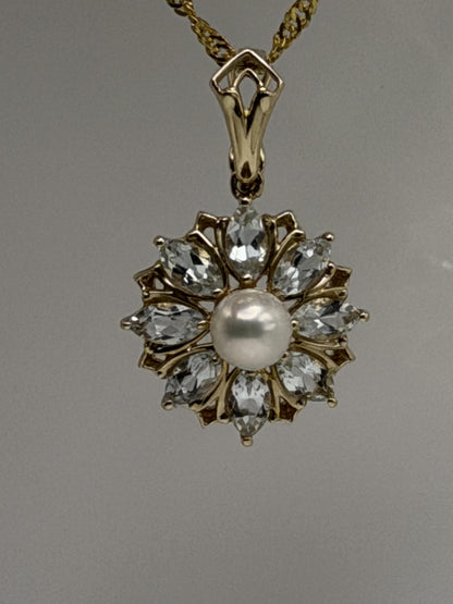 14K Gold Pearl & Aquamarine Pendant Vintage Floral Cluster Design