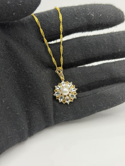 14K Gold Pearl & Aquamarine Pendant Vintage Floral Cluster Design
