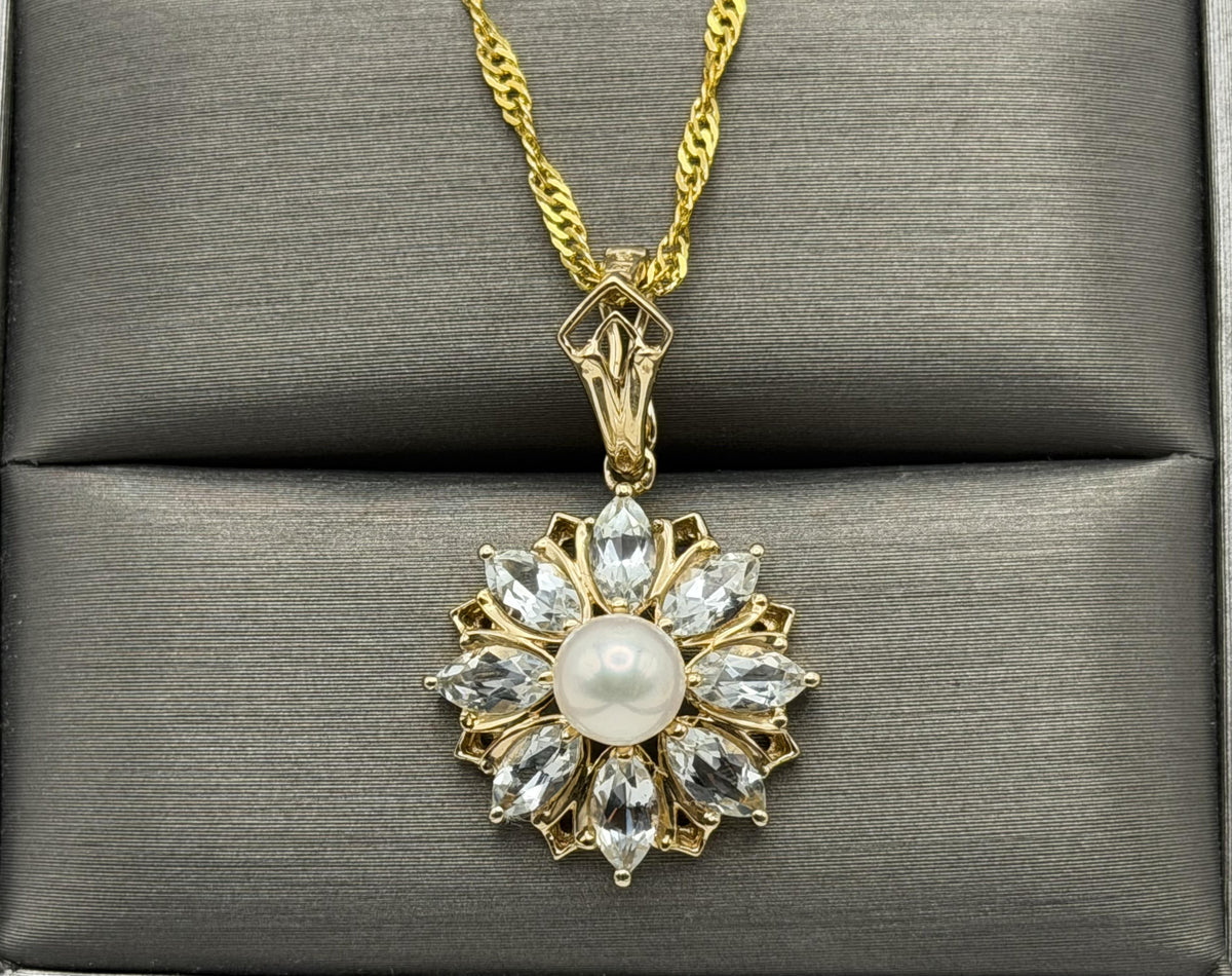 14K Gold Pearl & Aquamarine Pendant Vintage Floral Cluster Design