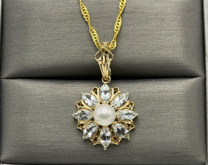 14K Gold Pearl & Aquamarine Pendant Vintage Floral Cluster Design