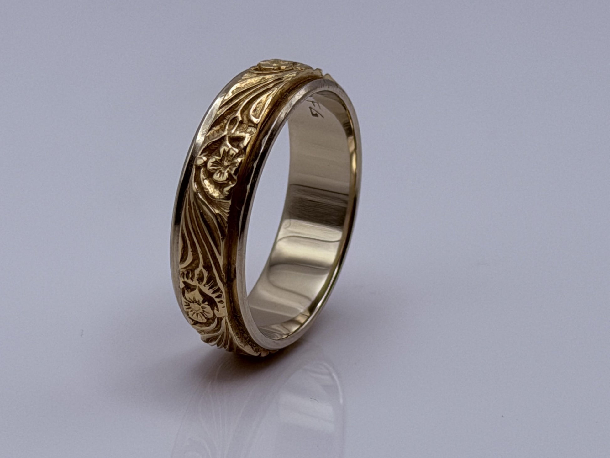 14k Solid Gold Mens Floral Wedding Ring by Frederick Goldman 7.2gr Band