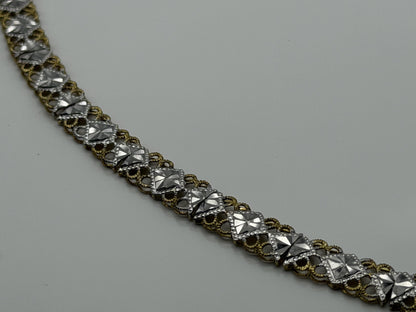 10k Solid Gold Two-Tone Diamond Detailed Cut Link Design Gold Bracelet Chain 7"