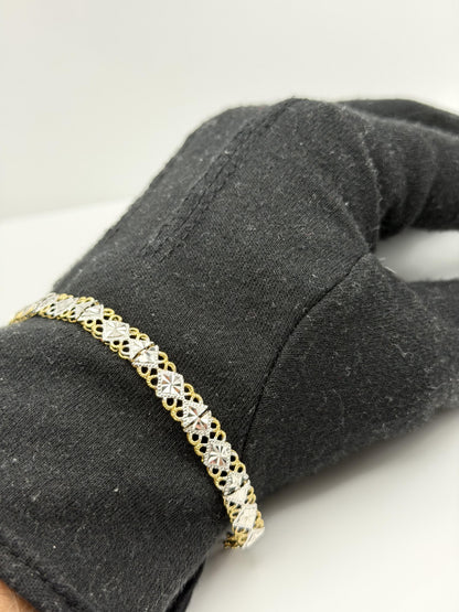 10k Solid Gold Two-Tone Diamond Detailed Cut Link Design Gold Bracelet Chain 7"