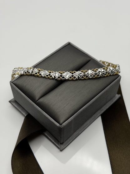 10k Solid Gold Two-Tone Diamond Detailed Cut Link Design Gold Bracelet Chain 7"