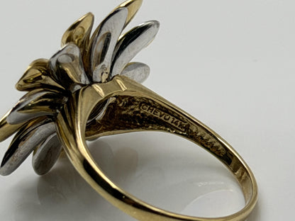Heavy 14k Gold Two-Tone Daisy Flower Textured Floral Statement Cocktail Ring