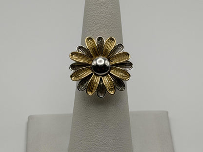 Heavy 14k Gold Two-Tone Daisy Flower Textured Floral Statement Cocktail Ring