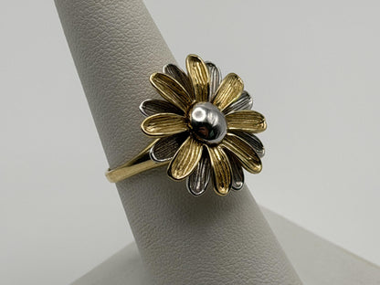 Heavy 14k Gold Two-Tone Daisy Flower Textured Floral Statement Cocktail Ring