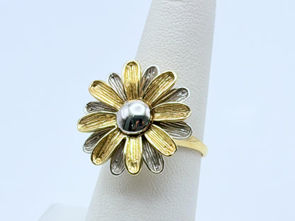 Heavy 14k Gold Two-Tone Daisy Flower Textured Floral Statement Cocktail Ring