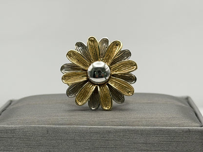 Heavy 14k Gold Two-Tone Daisy Flower Textured Floral Statement Cocktail Ring