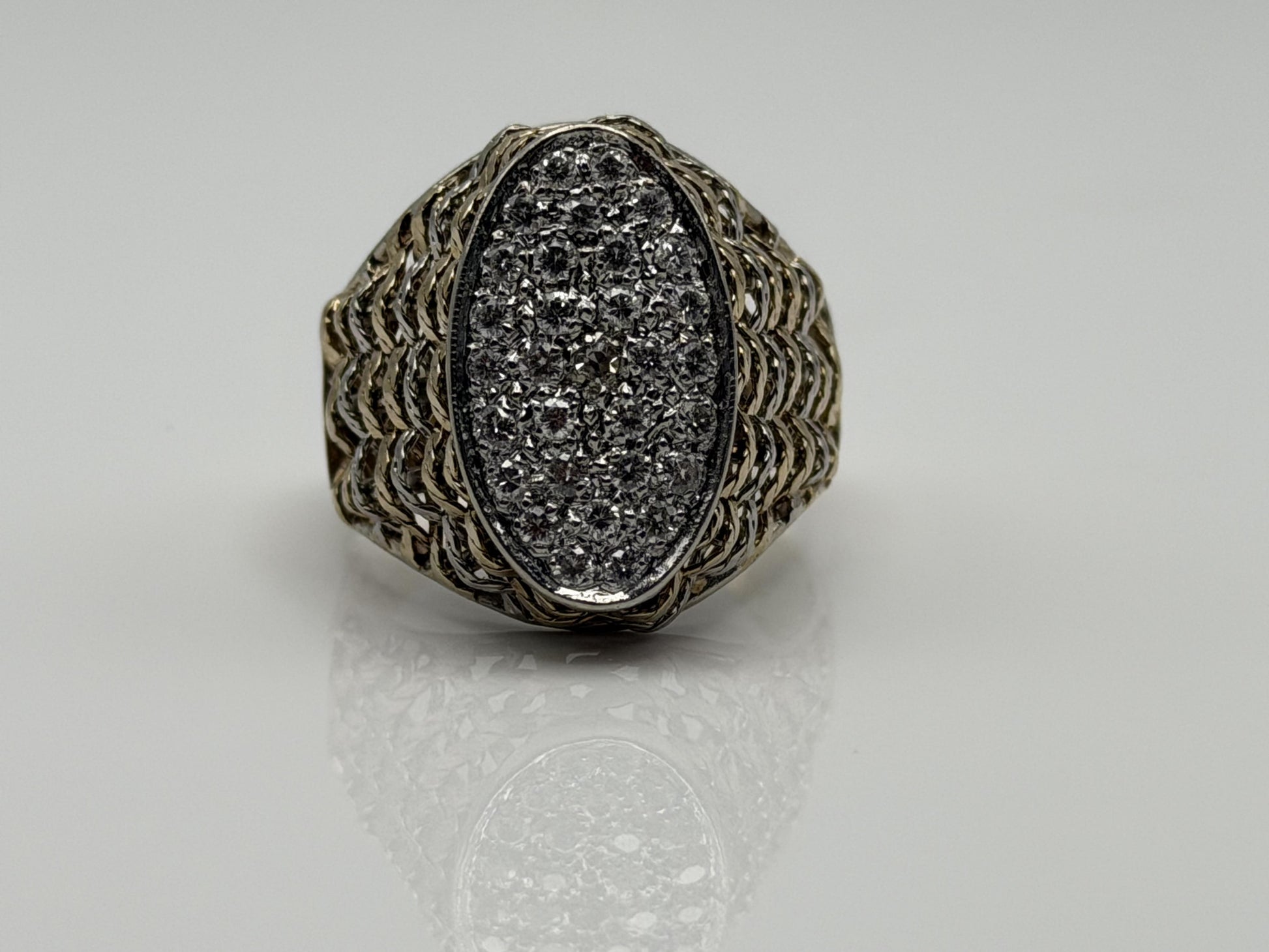 14k ITALY Gold .90ctw Diamond Two-Tone Ring Large 8.8gr Mens Dome Oval Statement