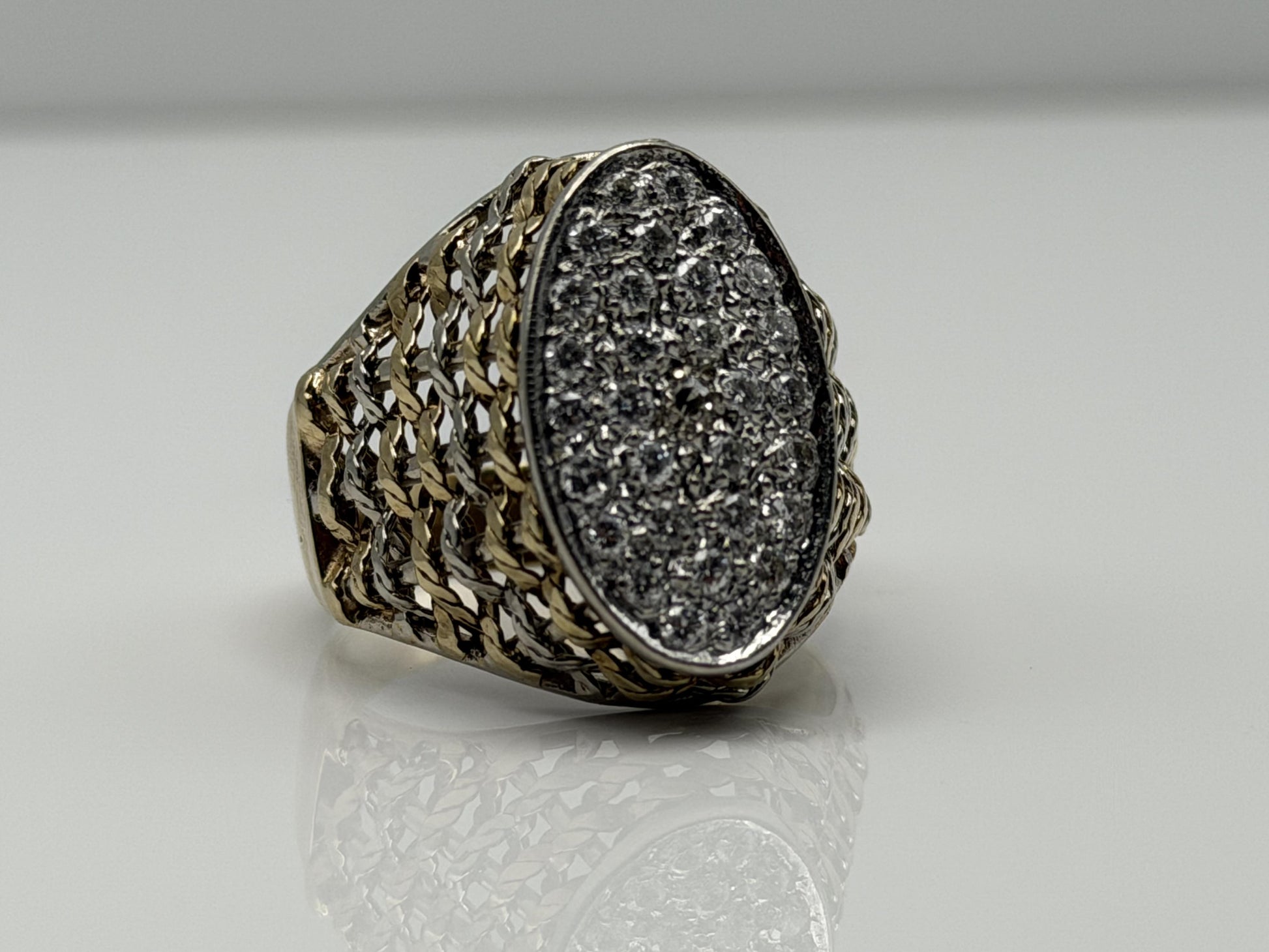 14k ITALY Gold .90ctw Diamond Two-Tone Ring Large 8.8gr Mens Dome Oval Statement