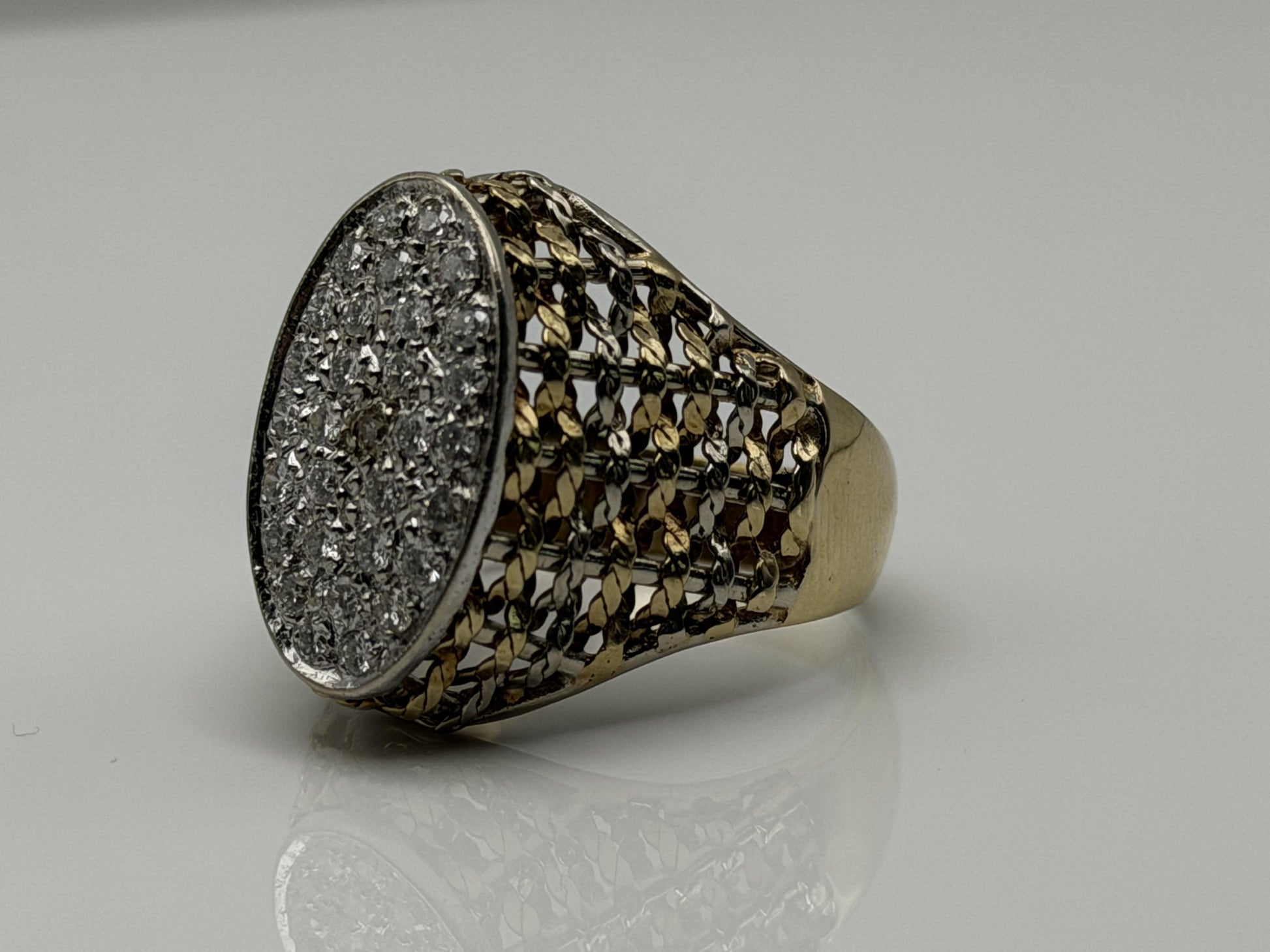 14k ITALY Gold .90ctw Diamond Two-Tone Ring Large 8.8gr Mens Dome Oval Statement