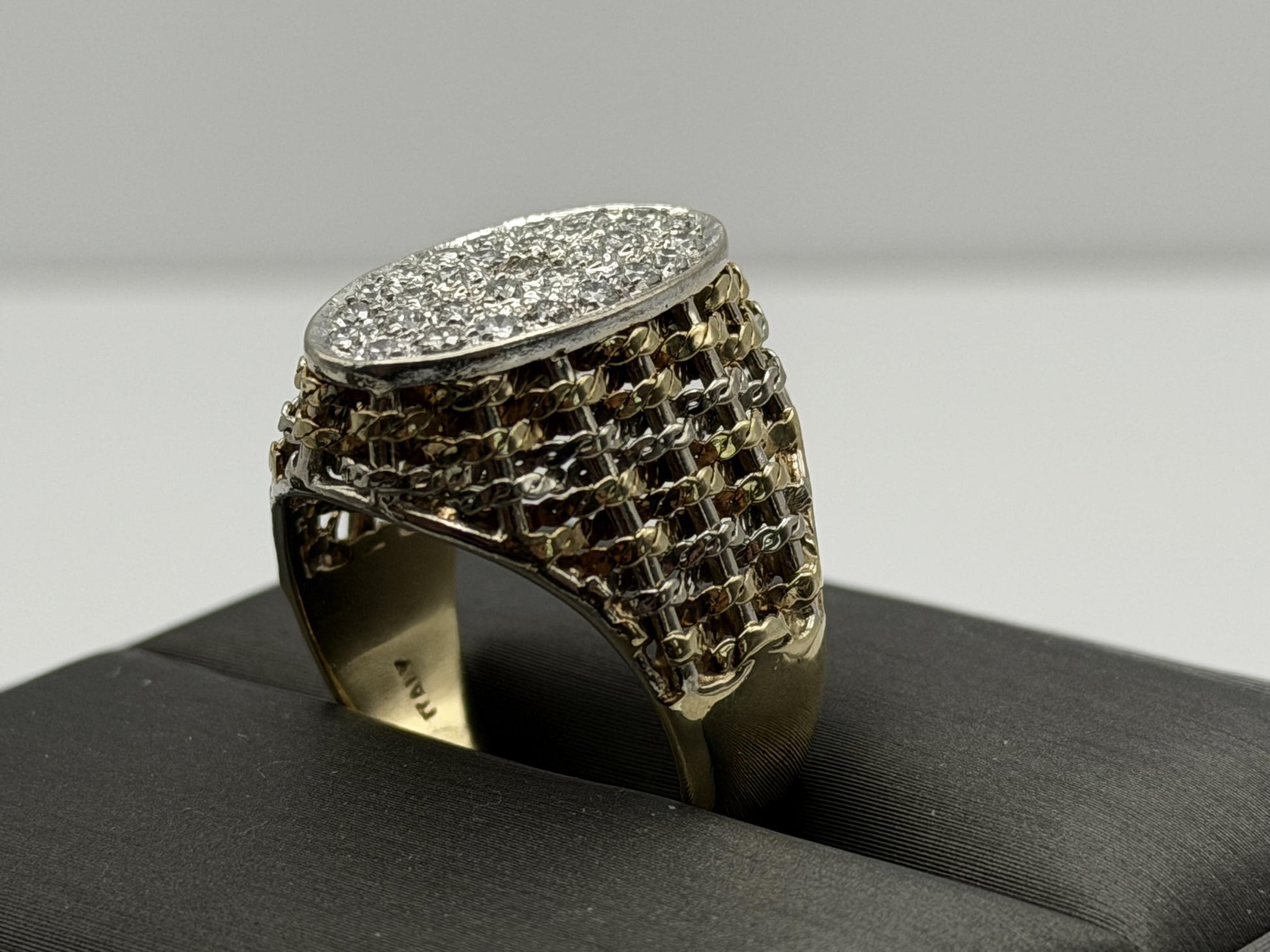 14k ITALY Gold .90ctw Diamond Two-Tone Ring Large 8.8gr Mens Dome Oval Statement