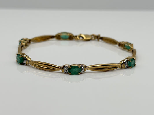 10k Vintage Yellow Gold Emerald & Diamond Tennis Bracelet 7"
