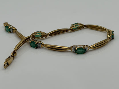 10k Vintage Yellow Gold Emerald & Diamond Tennis Bracelet 7"