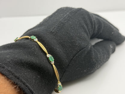 10k Vintage Yellow Gold Emerald & Diamond Tennis Bracelet 7"