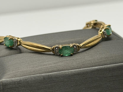 10k Vintage Yellow Gold Emerald & Diamond Tennis Bracelet 7"