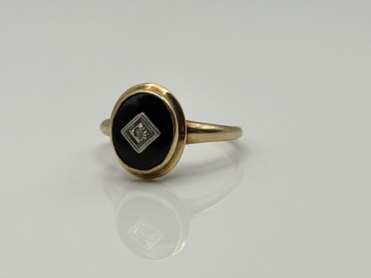 10k Oval Shaped Diamond Onyx Vintage Statement Ring Minimalist Signet Ring