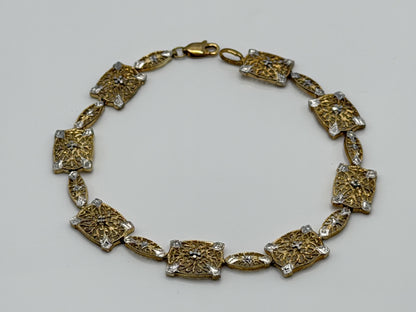 10k Two Tone Diamond Bracelet. Diamond Cut Design Tennis Bracelet 7"