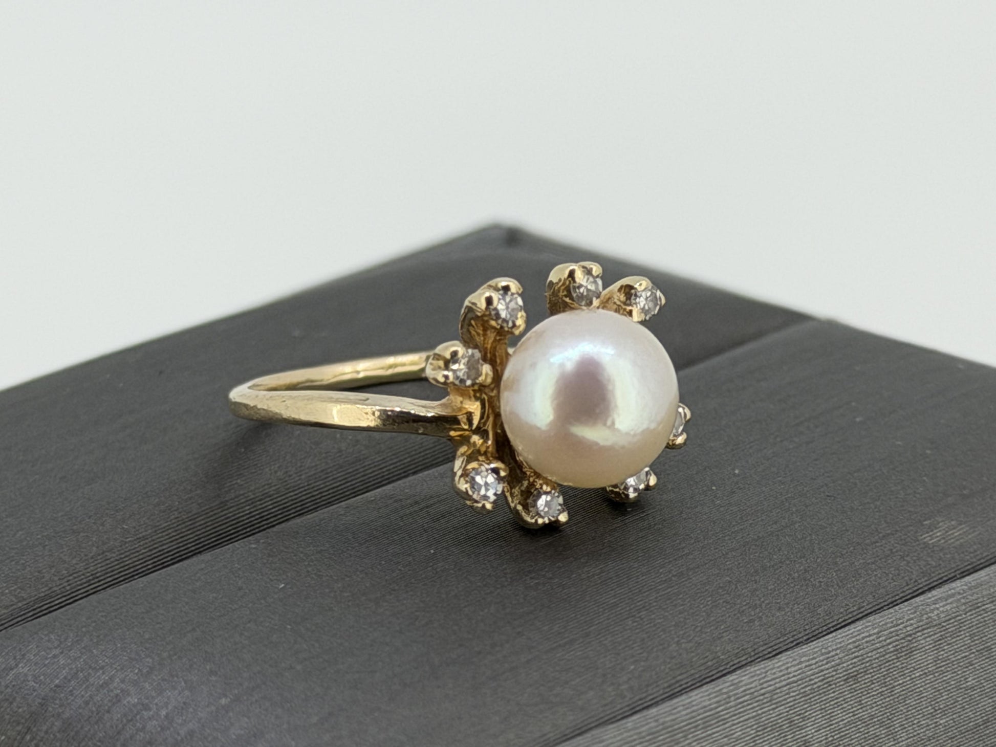 14k Pearl and Diamond Yellow Gold Cluster Ring. Flower Cocktail Ring. Statement