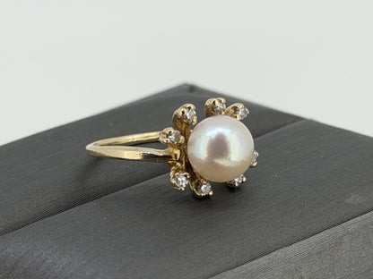 14k Pearl and Diamond Yellow Gold Cluster Ring. Flower Cocktail Ring. Statement