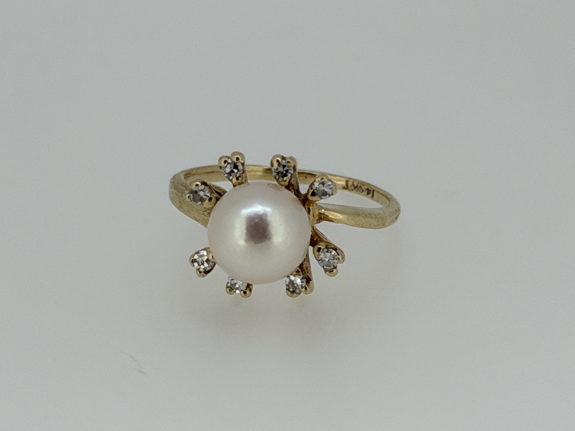 14k Pearl and Diamond Yellow Gold Cluster Ring. Flower Cocktail Ring. Statement