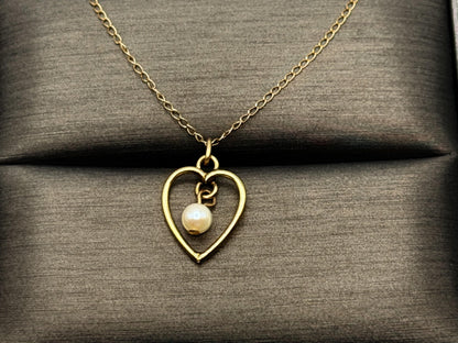 14k Pearl Seed Heart Necklace 15" Pearl Pendant Necklace