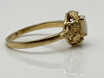 10k Yellow Gold Natural Oval Opal Solitaire Delicate Leaf Textured Ring.