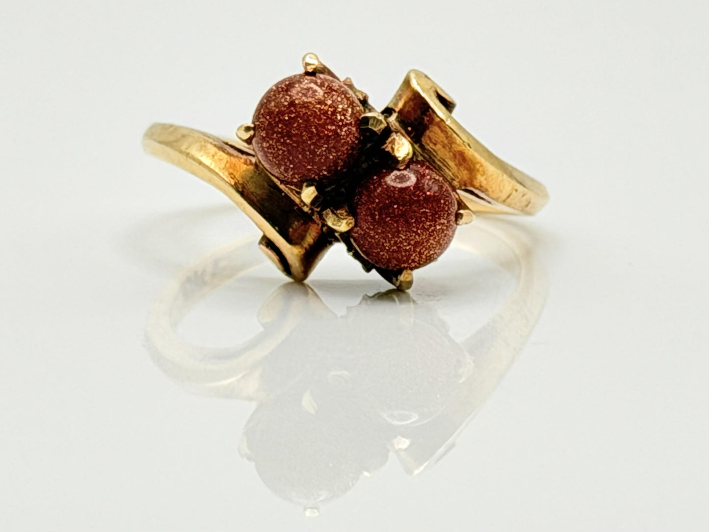 10k Yellow Gold Vintage Goldstone Ring Sparkling Brown Gemstone Cockail Ring.