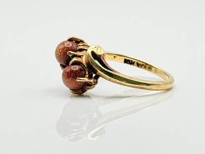 10k Yellow Gold Vintage Goldstone Ring Sparkling Brown Gemstone Cockail Ring.