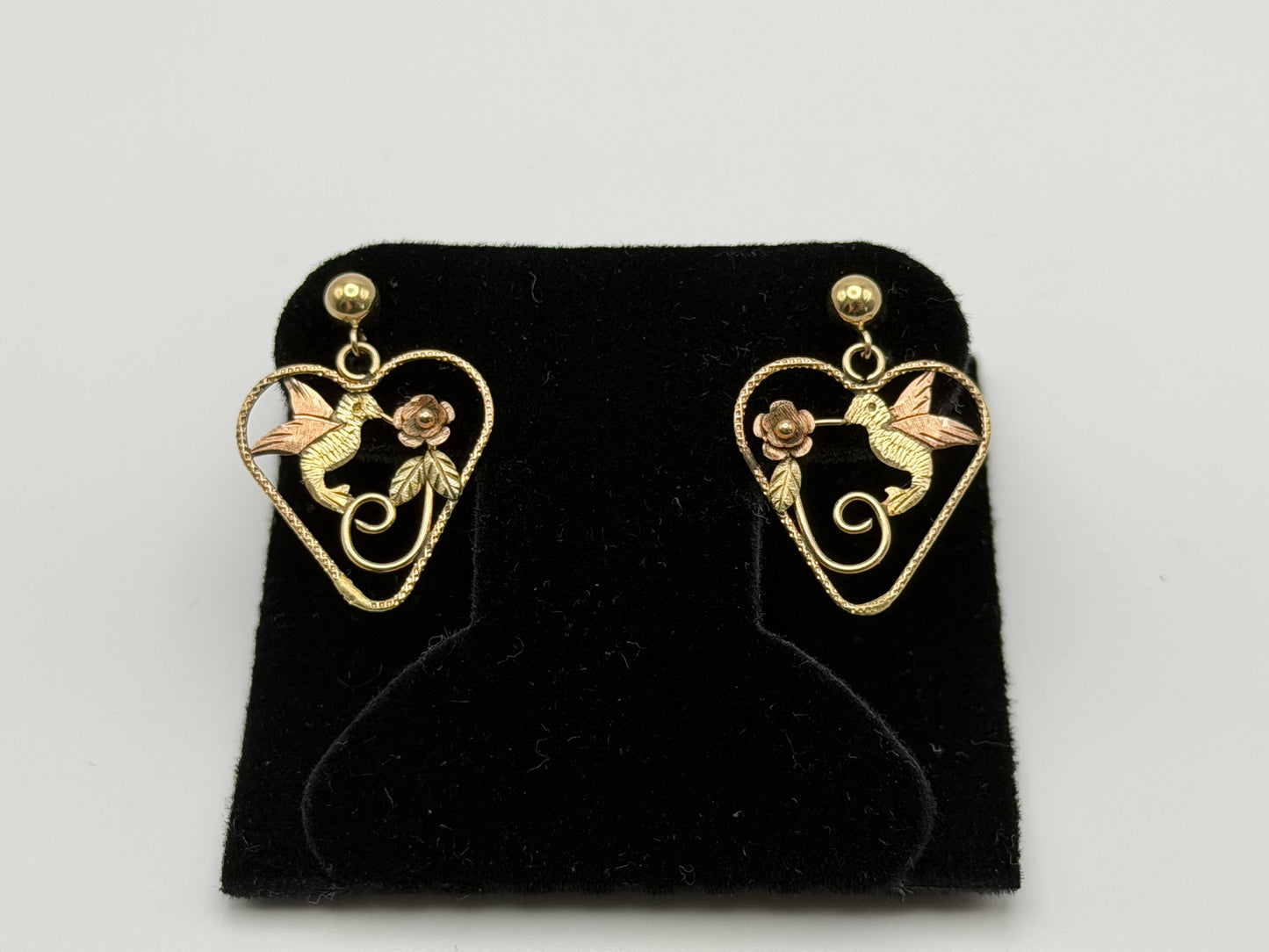 10K Black Hills Tri-Color Heart Earrings Floral Leaf Design  Romantic Dangle