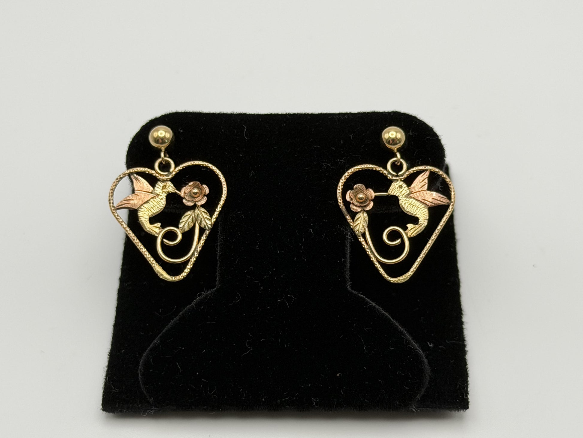 10K Black Hills Tri-Color Heart Earrings Floral Leaf Design  Romantic Dangle
