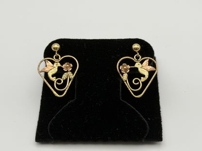10K Black Hills Tri-Color Heart Earrings Floral Leaf Design  Romantic Dangle