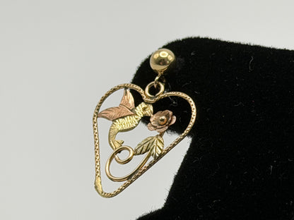 10K Black Hills Tri-Color Heart Earrings Floral Leaf Design  Romantic Dangle