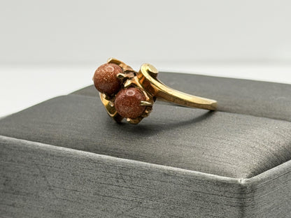 10k Yellow Gold Vintage Goldstone Ring Sparkling Brown Gemstone Cockail Ring.
