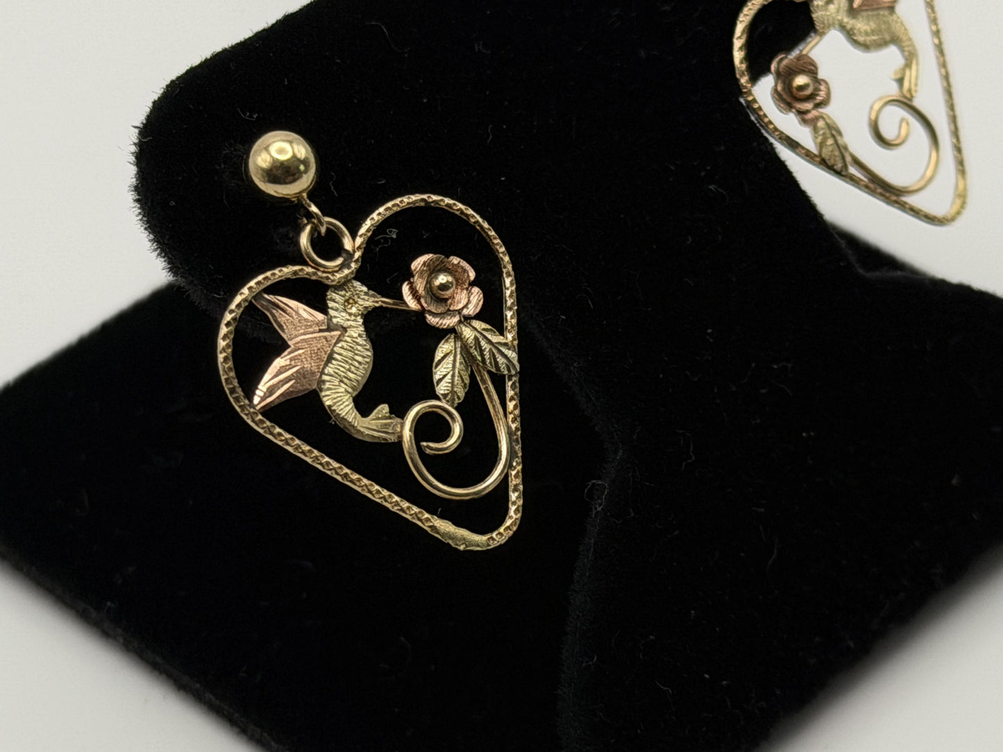 10K Black Hills Tri-Color Heart Earrings Floral Leaf Design  Romantic Dangle