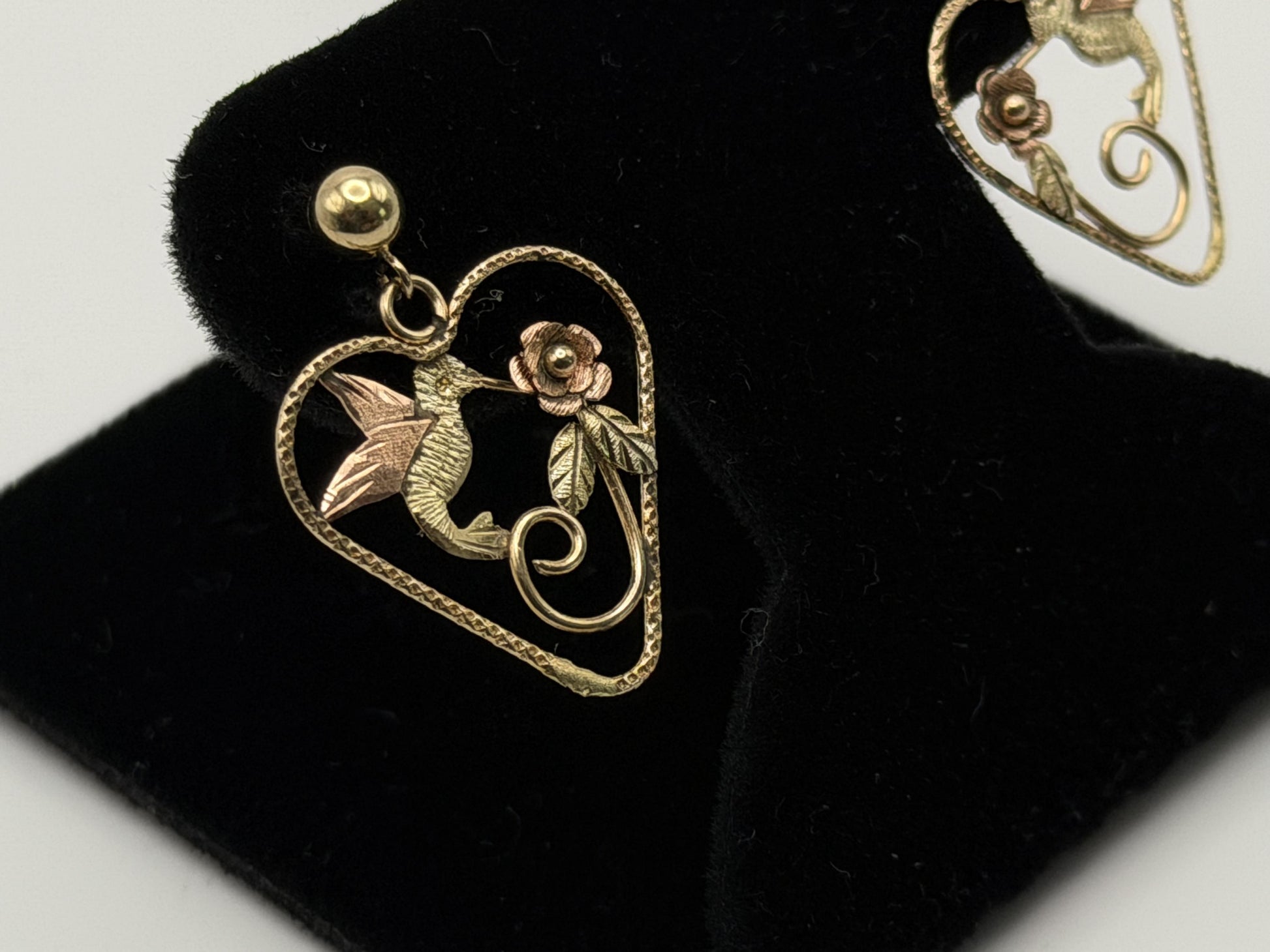 10K Black Hills Tri-Color Heart Earrings Floral Leaf Design  Romantic Dangle