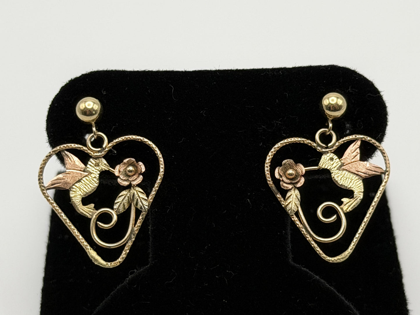 10K Black Hills Tri-Color Heart Earrings Floral Leaf Design  Romantic Dangle