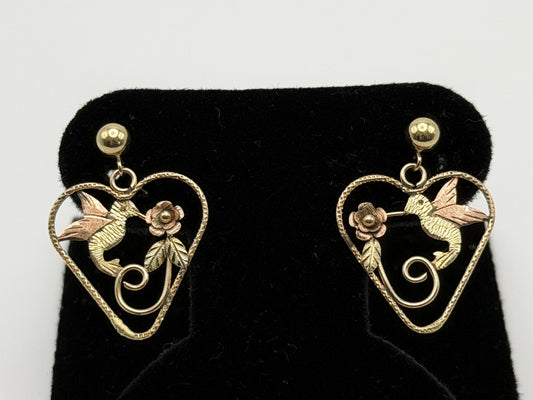 10K Black Hills Tri-Color Heart Earrings Floral Leaf Design  Romantic Dangle