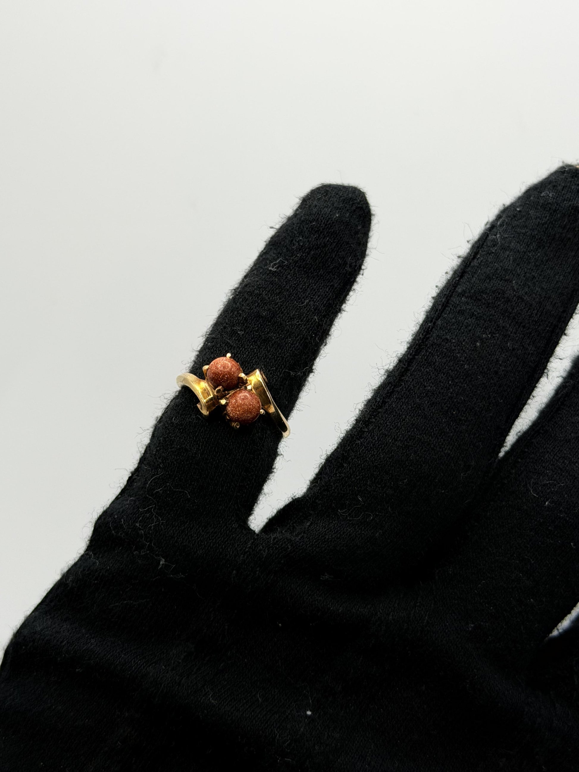 10k Yellow Gold Vintage Goldstone Ring Sparkling Brown Gemstone Cockail Ring.