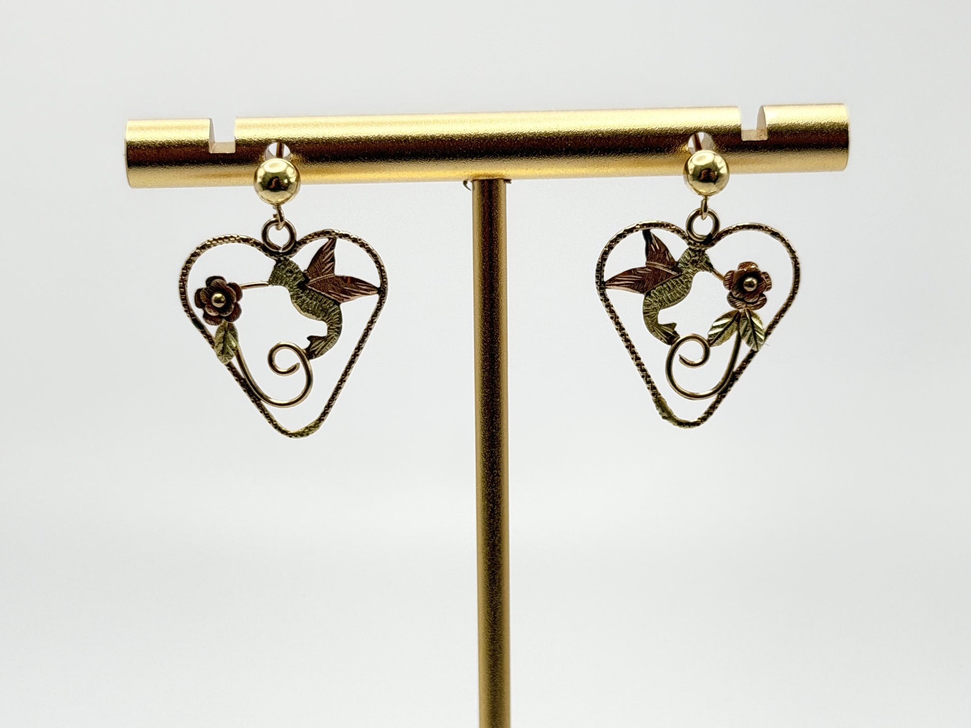 10K Black Hills Tri-Color Heart Earrings Floral Leaf Design  Romantic Dangle