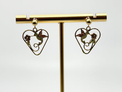 10K Black Hills Tri-Color Heart Earrings Floral Leaf Design  Romantic Dangle
