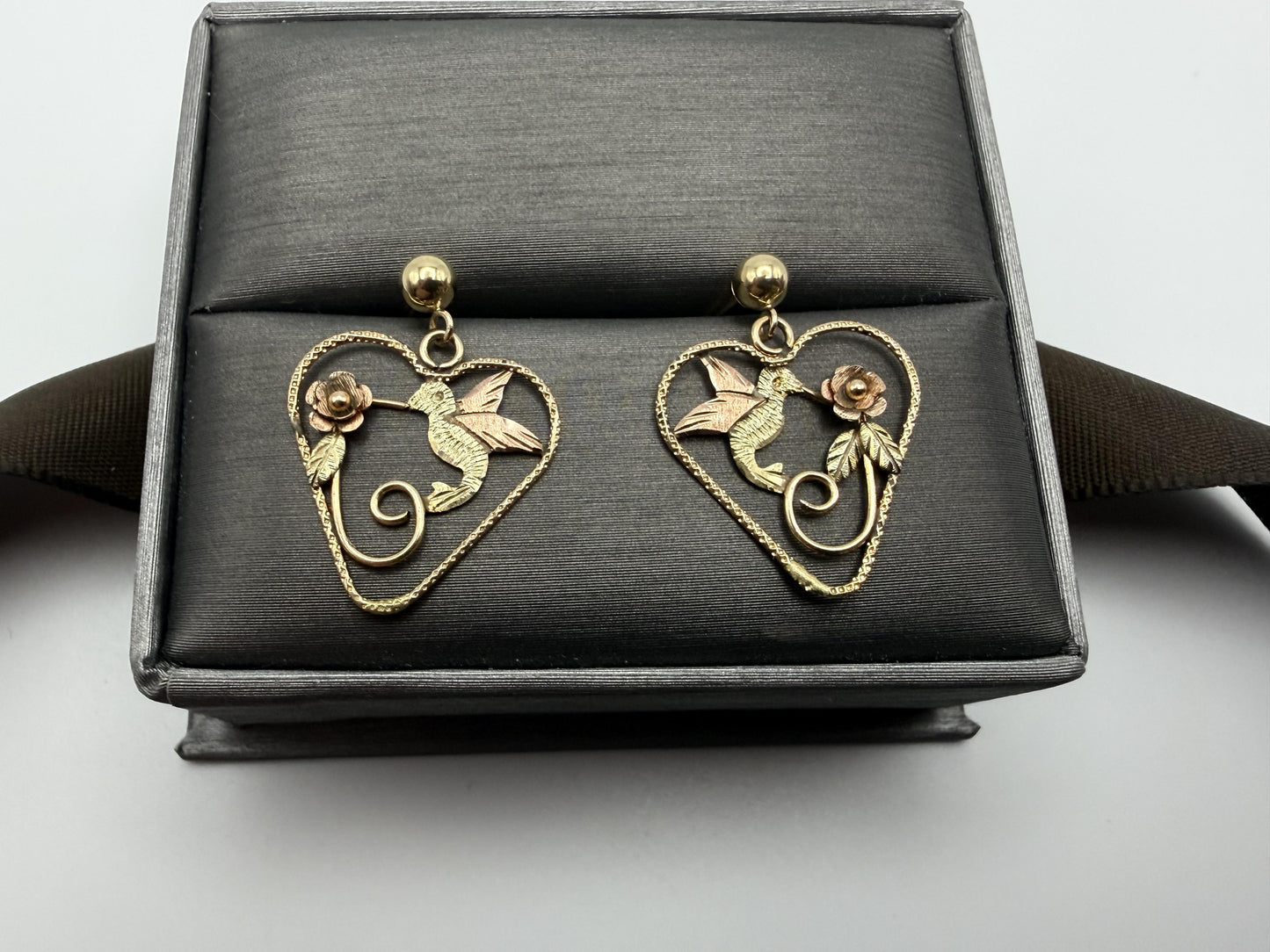 10K Black Hills Tri-Color Heart Earrings Floral Leaf Design  Romantic Dangle