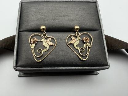 10K Black Hills Tri-Color Heart Earrings Floral Leaf Design  Romantic Dangle
