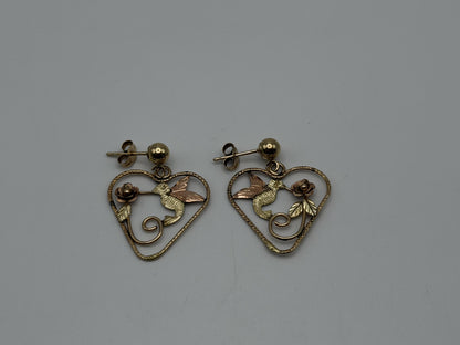 10K Black Hills Tri-Color Heart Earrings Floral Leaf Design  Romantic Dangle